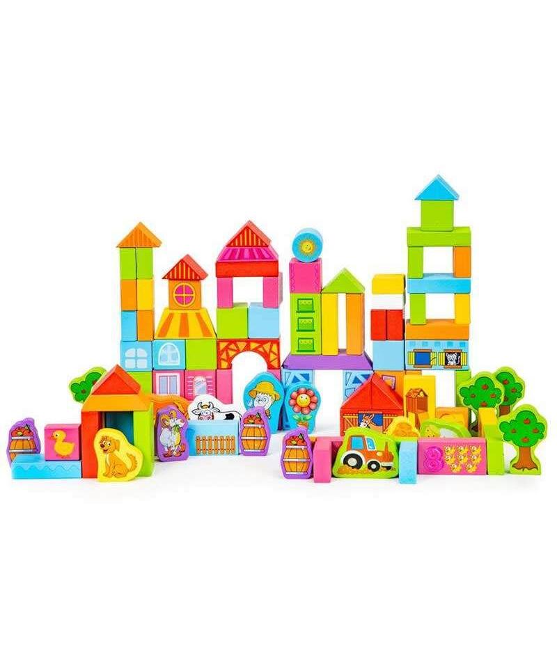 ECOTOYS edukativne drvene kocke set igračke za decu Farma 100 kom